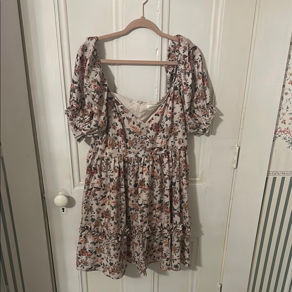 Altar'd State Brown Tan Smocked Puff Sleeve Mini Dress